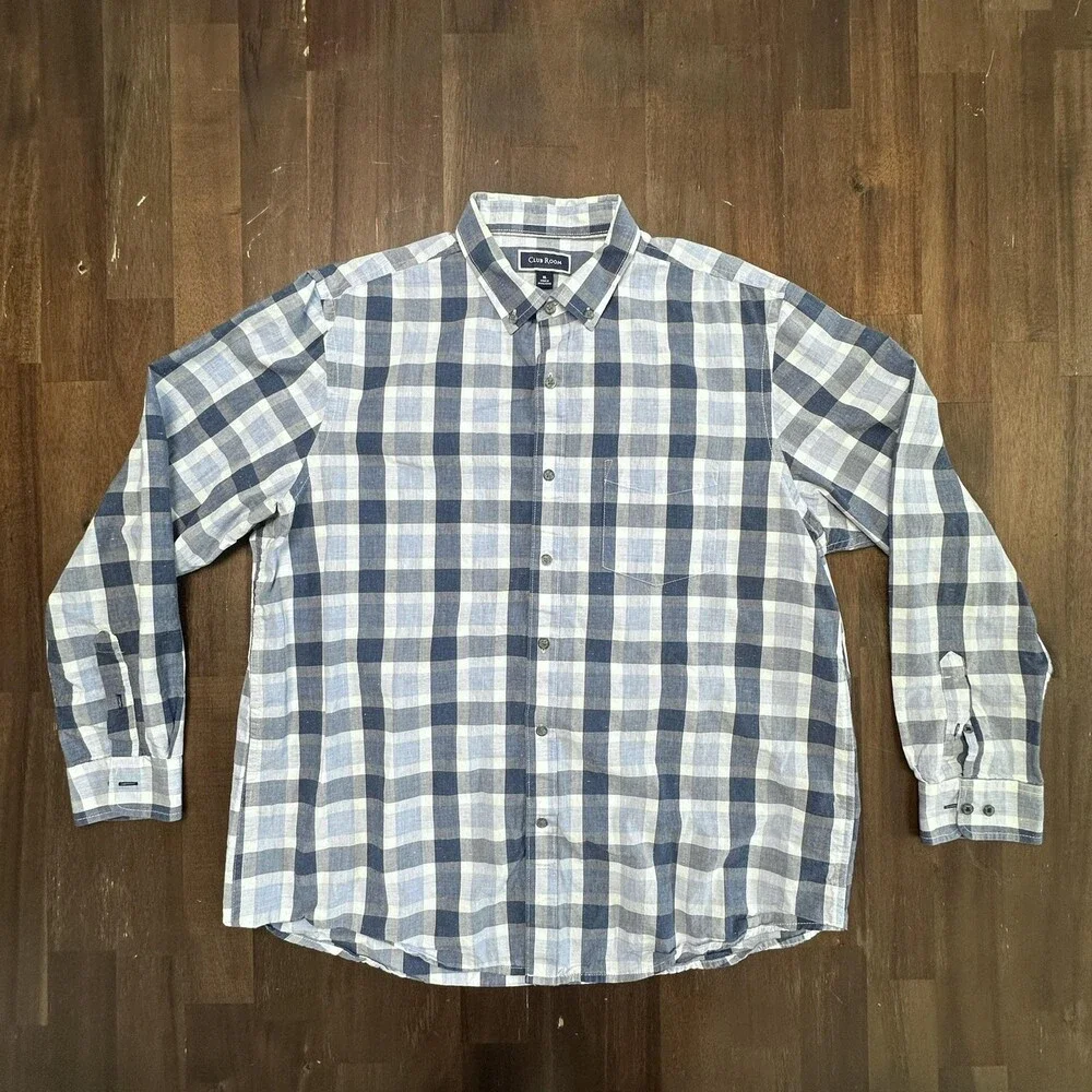 Club Room Shirt Mens XL Blue Gray Plaid Button Down Collar Cotton Long Sleeve